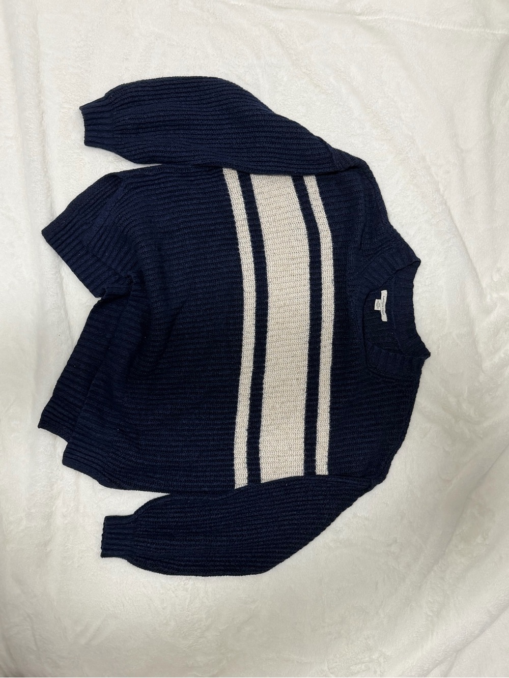 American Eagle Outfitters Navy Crewneck Sweater with Cream Stripes